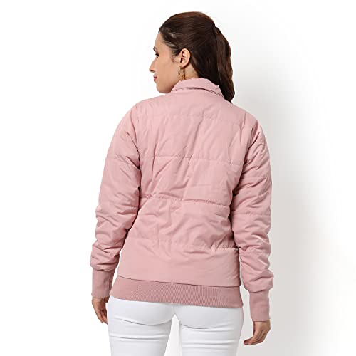 Campus Sutra Women Pink Puffer Regular Fit Bomber Jacket For Winter Wear | Standing Collar | Full Sleeve | Buttoned | Casual Jacket For Woman & Girl | Western Stylish Jacket For Women - Image 3