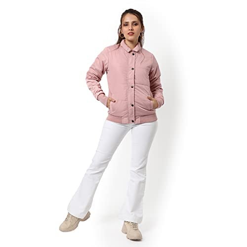 Campus Sutra Women Pink Puffer Regular Fit Bomber Jacket For Winter Wear | Standing Collar | Full Sleeve | Buttoned | Casual Jacket For Woman & Girl | Western Stylish Jacket For Women - Image 5