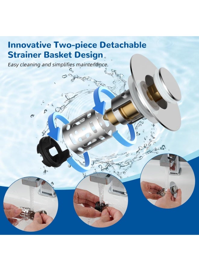 general Hibbent Upgraded 3 in 1 Bathroom Sink Drain Strainer, Universal Pop Up Stopper with Removable Stainless Steel Filter Basket Hair Catcher, Sink Plug for 1.1''~2.36'' Basin, Brass Bullet Core, Chrome - Image 4