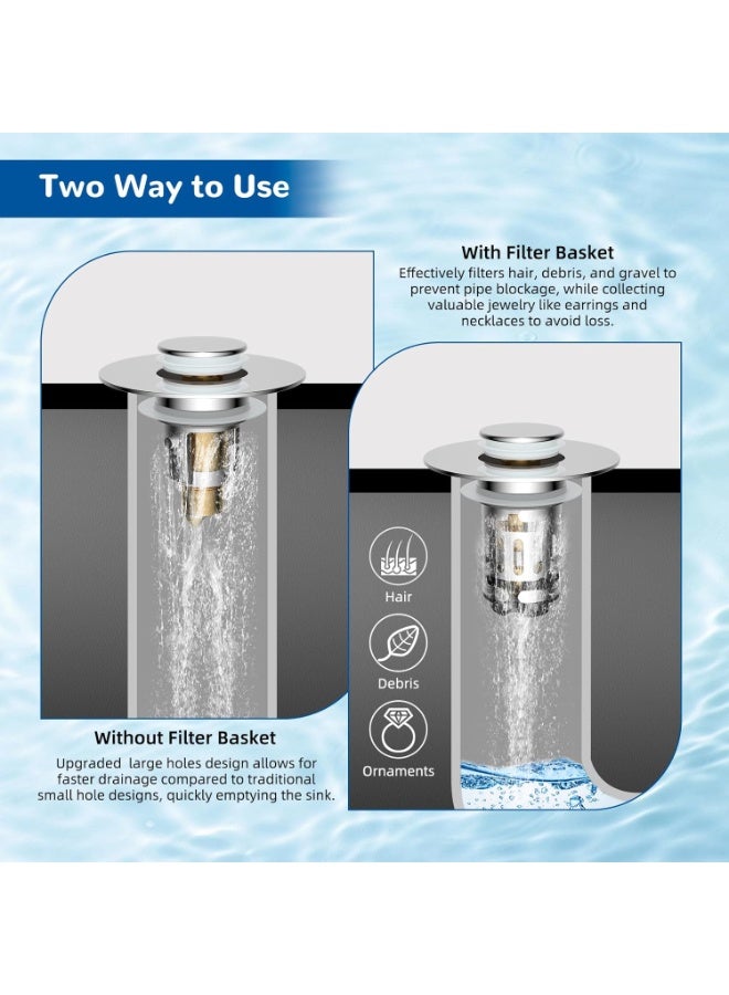 general Hibbent Upgraded 3 in 1 Bathroom Sink Drain Strainer, Universal Pop Up Stopper with Removable Stainless Steel Filter Basket Hair Catcher, Sink Plug for 1.1''~2.36'' Basin, Brass Bullet Core, Chrome - Image 3