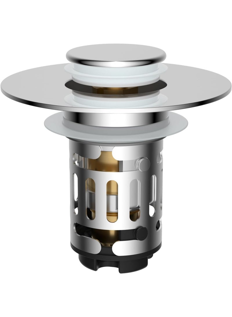 general Hibbent Upgraded 3 in 1 Bathroom Sink Drain Strainer, Universal Pop Up Stopper with Removable Stainless Steel Filter Basket Hair Catcher, Sink Plug for 1.1''~2.36'' Basin, Brass Bullet Core, Chrome - Image 1