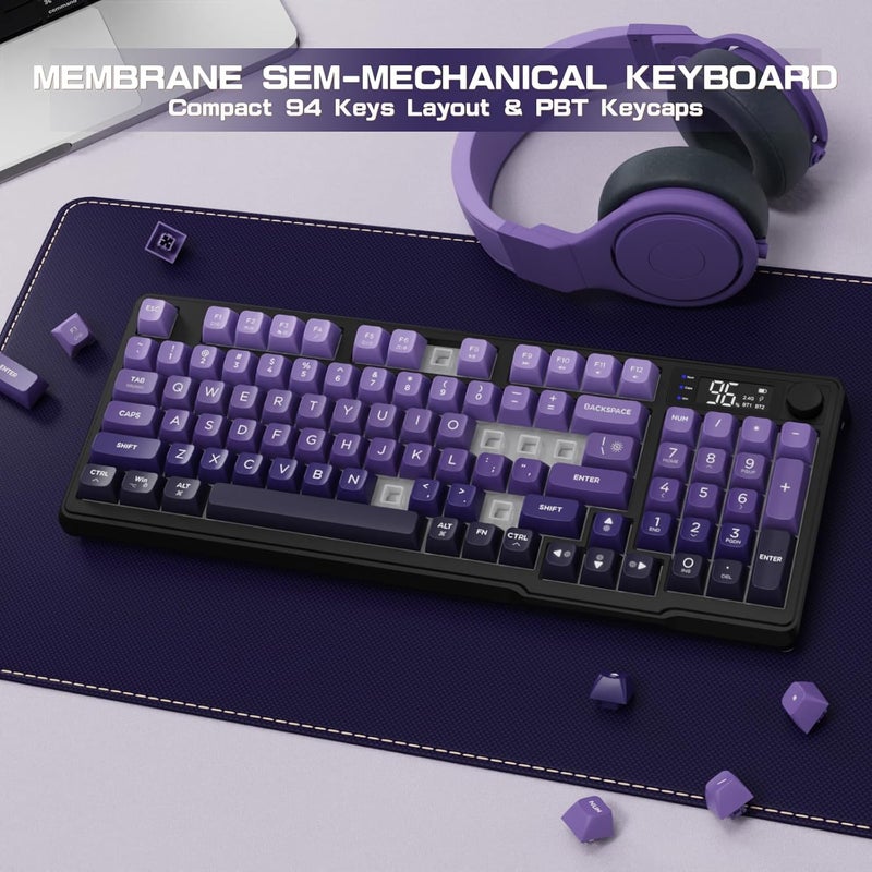 LexonElec M96 Dual Mode Wireless Gaming Keyboard with 2.4G and BT5.0, 94 Keys Membrane Semi-Mechanical Gradient PBT Keycap with Smart Display and Button, Rainbow Backlit, 3000mAh for Mac/Win - Purple - Image 5