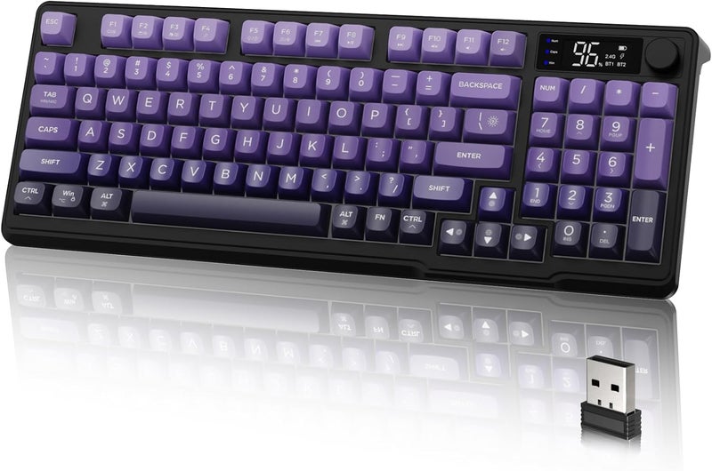 LexonElec M96 Dual Mode Wireless Gaming Keyboard with 2.4G and BT5.0, 94 Keys Membrane Semi-Mechanical Gradient PBT Keycap with Smart Display and Button, Rainbow Backlit, 3000mAh for Mac/Win - Purple - Image 1