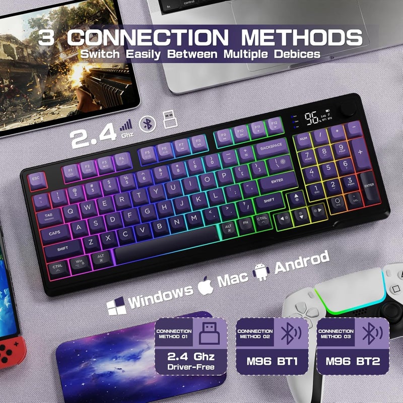 LexonElec M96 Dual Mode Wireless Gaming Keyboard with 2.4G and BT5.0, 94 Keys Membrane Semi-Mechanical Gradient PBT Keycap with Smart Display and Button, Rainbow Backlit, 3000mAh for Mac/Win - Purple - Image 3