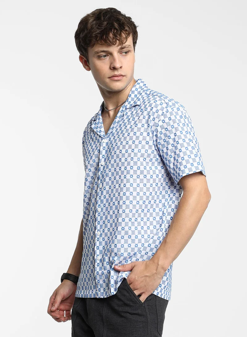 كامبوس سوترا Men's Chalk White & Prussian Blue Embroidered Checkered Shirt