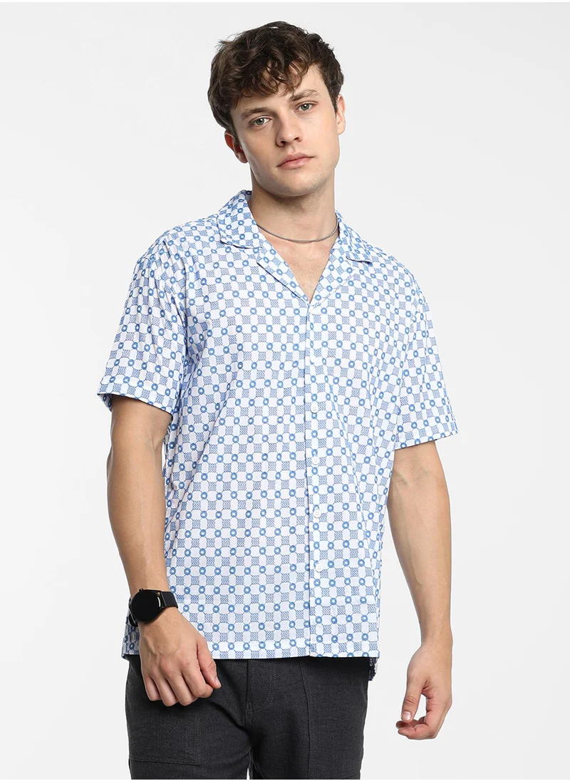 Campus Sutra Men's Chalk White & Prussian Blue Embroidered Checkered Shirt
