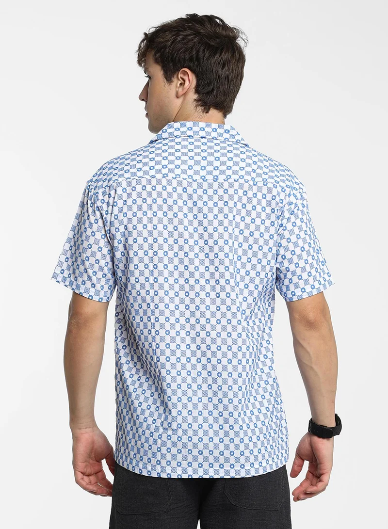 كامبوس سوترا Men's Chalk White & Prussian Blue Embroidered Checkered Shirt