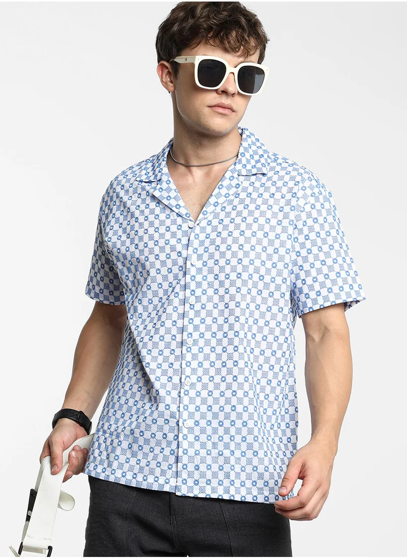 Campus Sutra Men's Chalk White & Prussian Blue Embroidered Checkered Shirt