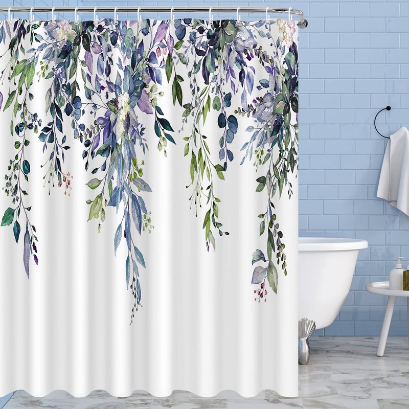 Nuseiis Blue Purple Eucalyptus Leaves Shower Curtains  Fabric Shower Curtain Modern Shower Curtain Sets  Stylish Floral Background Bathroom Decoration with 12 Shower Curtain Hooks  72x72 Inch - Image 1