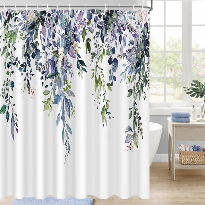 Nuseiis Blue Purple Eucalyptus Leaves Shower Curtains  Fabric Shower Curtain Modern Shower Curtain Sets  Stylish Floral Background Bathroom Decoration with 12 Shower Curtain Hooks  72x72 Inch - Image 3