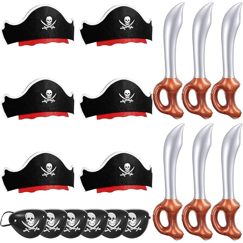 Legigo 18 Pcs Funny Pirate Party Set- Pirate Kids' Party Cosplay Supplies Include 6 Felt Pirate Hats, 6 Pirate Eye Patches, 6 Inflatable Swords for Caribbean Fancy Dress Cosplay Party Stage Prop - Image 1