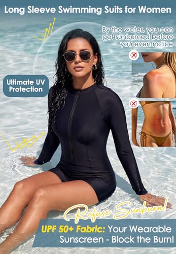 Zando Black UPF 50 Long Sleeve Boy Shorts One Piece Swimsuit for Women Front Zip Full Coverage Rash Guard for Swimming Surfing Paddle Boarding Large - Image 3