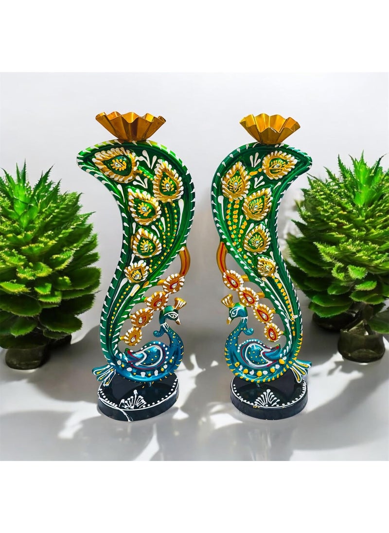 pranjals house - pranjals house Tea Light Candle Holder for Home Decorative Peacock Showpiece Metal Figurine Candle Diya Burner Slots for Mandir, Pooja Room, Living Room, Diwali Gifts | Set of 2 | (Size-14x4x4 Inches) - Image 1