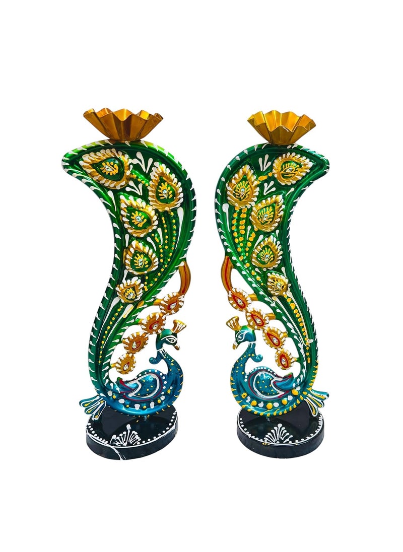 pranjals house - pranjals house Tea Light Candle Holder for Home Decorative Peacock Showpiece Metal Figurine Candle Diya Burner Slots for Mandir, Pooja Room, Living Room, Diwali Gifts | Set of 2 | (Size-14x4x4 Inches) - Image 1