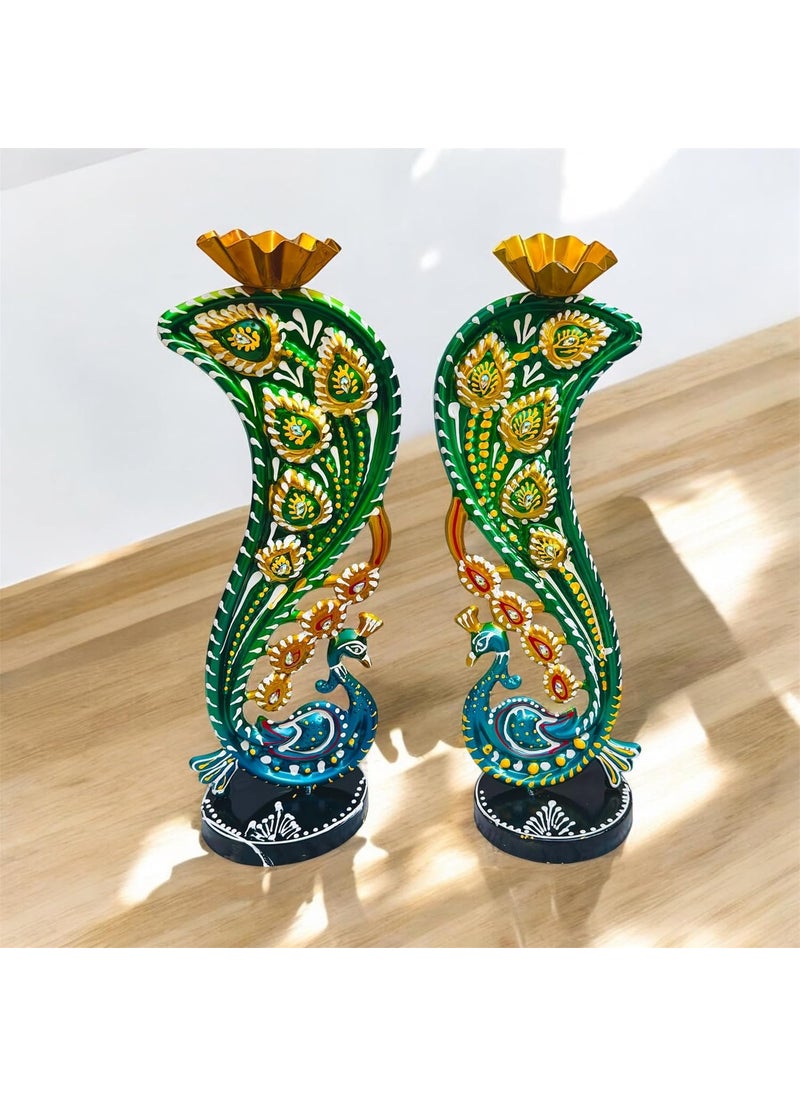 pranjals house - pranjals house Tea Light Candle Holder for Home Decorative Peacock Showpiece Metal Figurine Candle Diya Burner Slots for Mandir, Pooja Room, Living Room, Diwali Gifts | Set of 2 | (Size-14x4x4 Inches) - Image 1