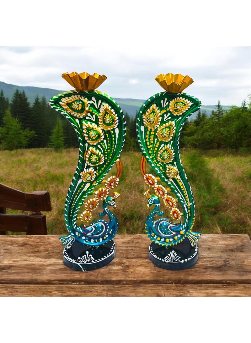 pranjals house - pranjals house Tea Light Candle Holder for Home Decorative Peacock Showpiece Metal Figurine Candle Diya Burner Slots for Mandir, Pooja Room, Living Room, Diwali Gifts | Set of 2 | (Size-14x4x4 Inches) - Image 1
