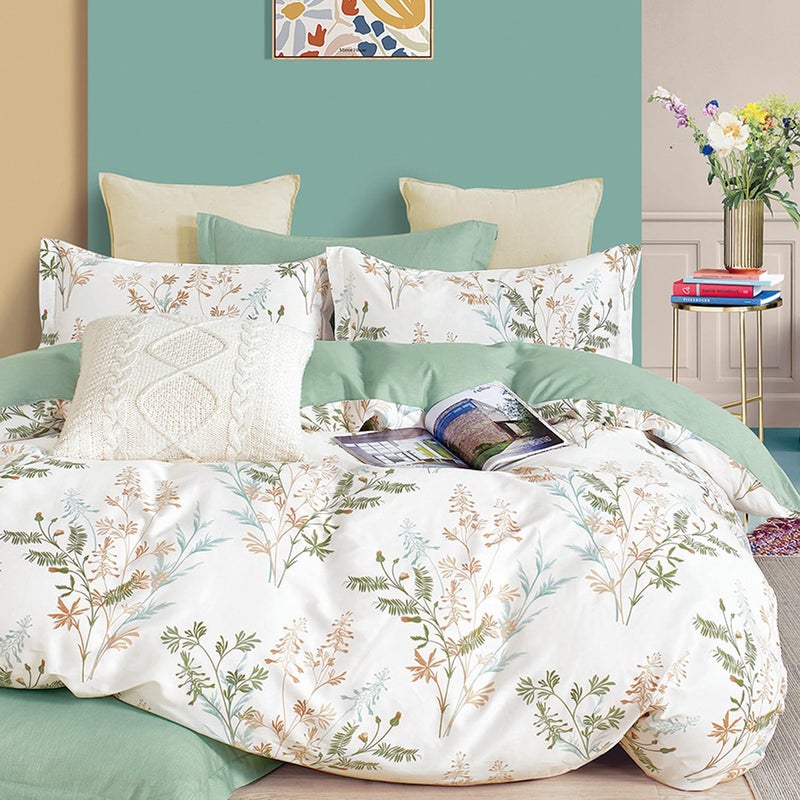 ALEISSEL 100 Natural Cotton 3pcs King Duvet Cover SetsGreen Duvet Cover with Luxurious Tan  Sage Leaves on WhiteReversible Comforter Cover Sets with Button ClosureKingBotanical