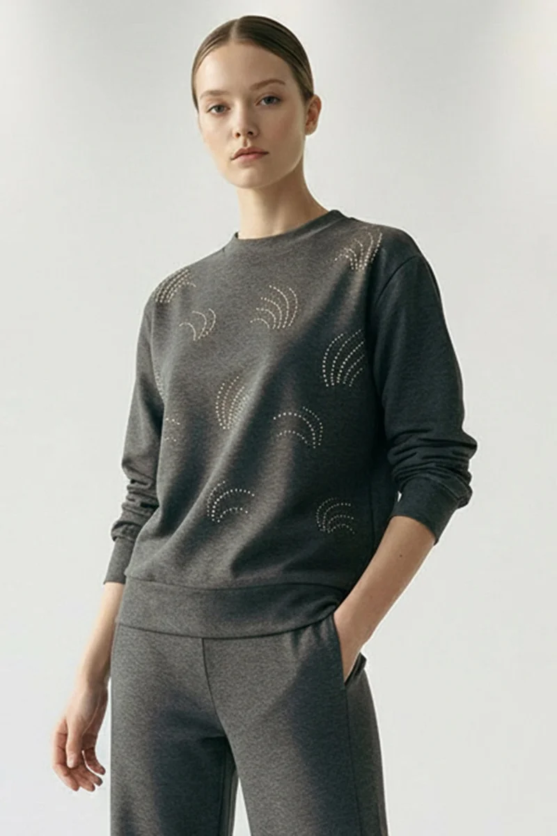EXQUISE Patterned Stone Embellished Regular Long Sleeve Sweatshirt