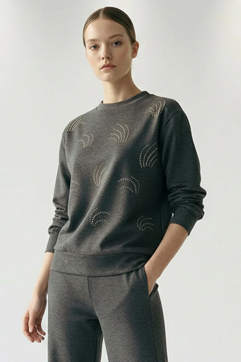 EXQUISE Patterned Stone Embellished Regular Long Sleeve Sweatshirt