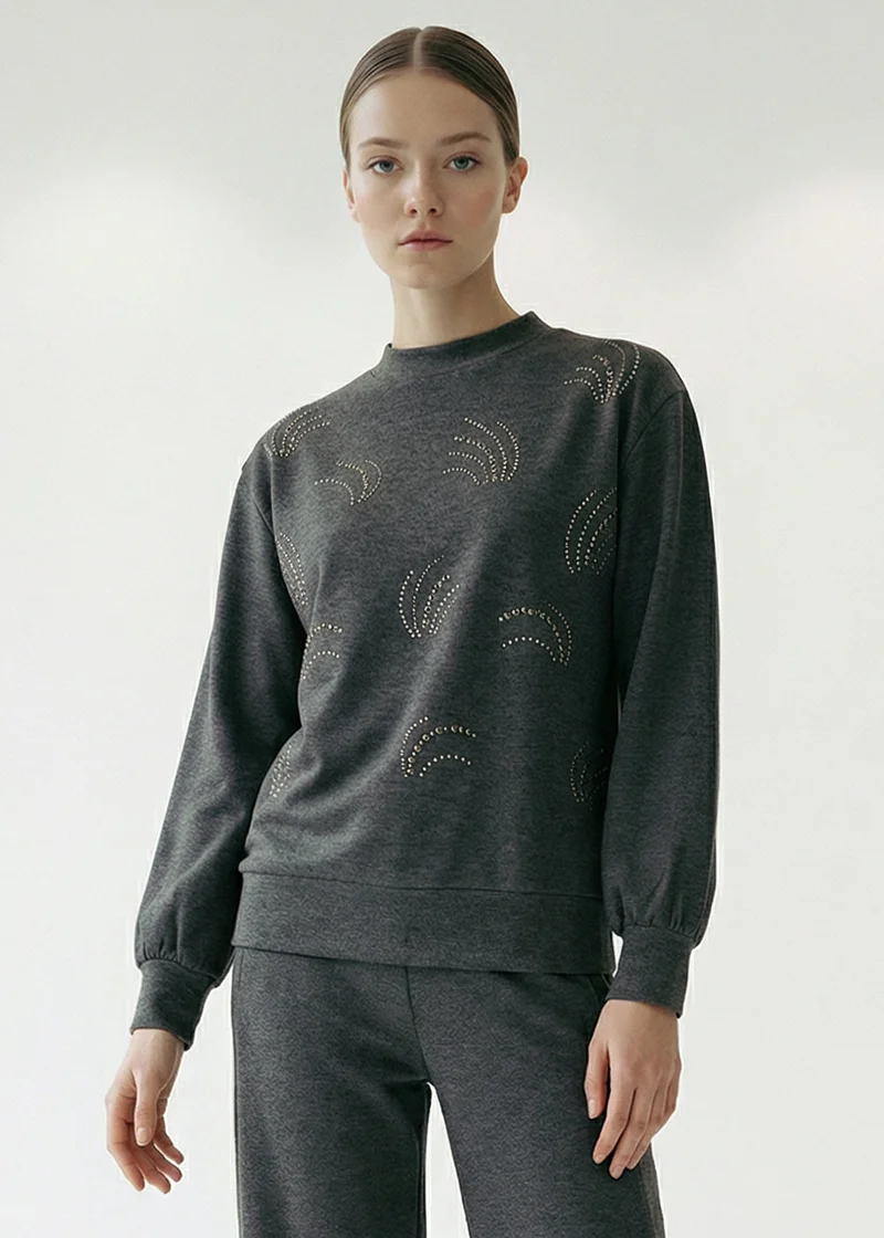 Exquise Patterned Stone Embellished Regular Long Sleeve Sweatshirt