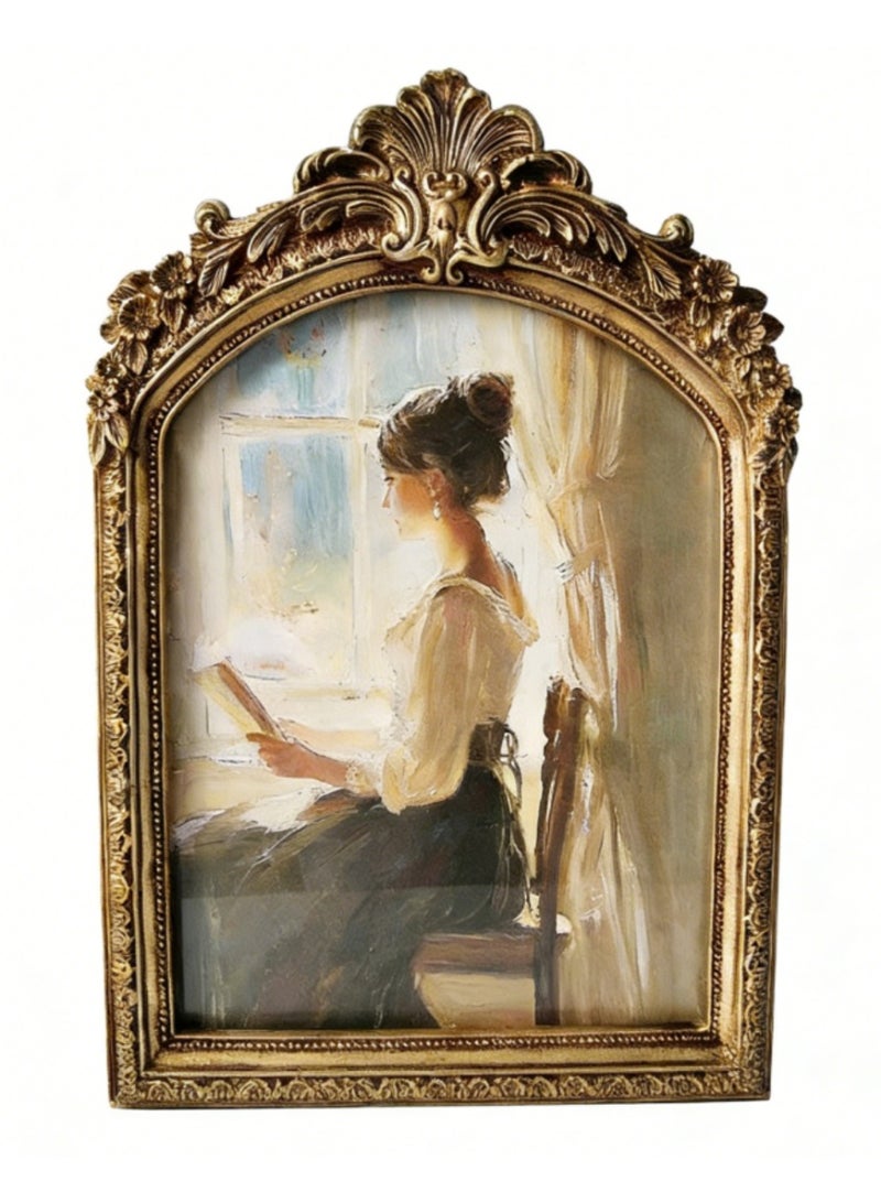 Antique Gold 6x8 European Vintage Carved Resin Wall Hanging Photo Frame, Decorative Arch Picture Frame for Home Wall Decor - Image 1