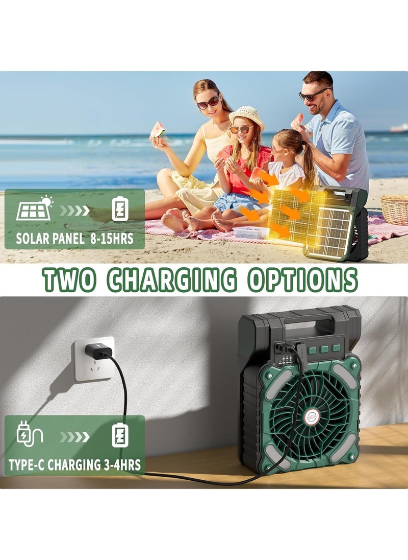 ALASAMCO - Solar Powered Fan,10400mAh rechargeable Solar Power Cordless Battery Fan with LED Lantern | 4 Wind Speeds Adjustable | 3 Timers Modes | Quiet , Portable Camping Fan for Travel, Tent, Fishing ,Picnic - Image 1