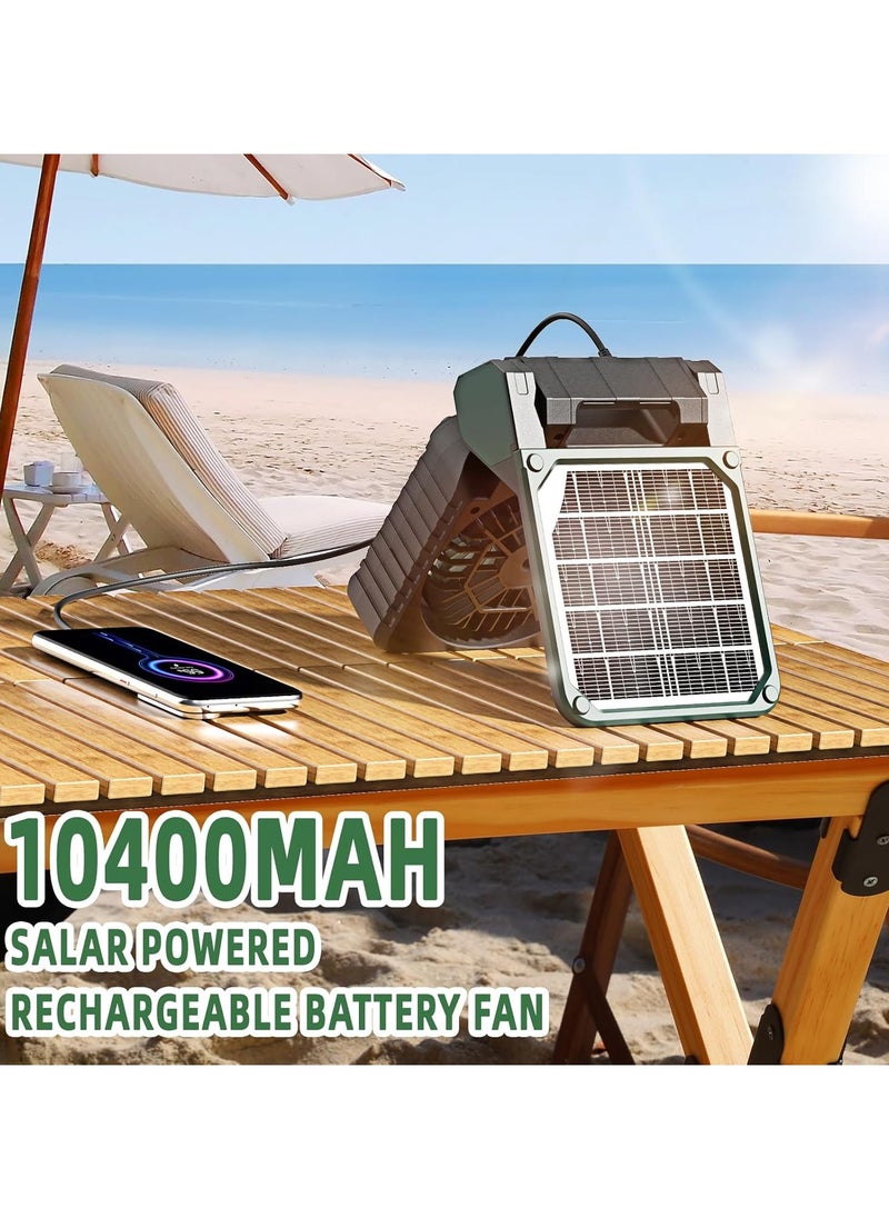 ALASAMCO - Solar Powered Fan,10400mAh rechargeable Solar Power Cordless Battery Fan with LED Lantern | 4 Wind Speeds Adjustable | 3 Timers Modes | Quiet , Portable Camping Fan for Travel, Tent, Fishing ,Picnic - Image 1