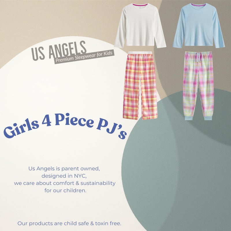 US Angels Girl's Pajama Sets, 4-Piece Pajamas for Girls - Long Sleeve Shirt, Ivory & Blue - Image 4