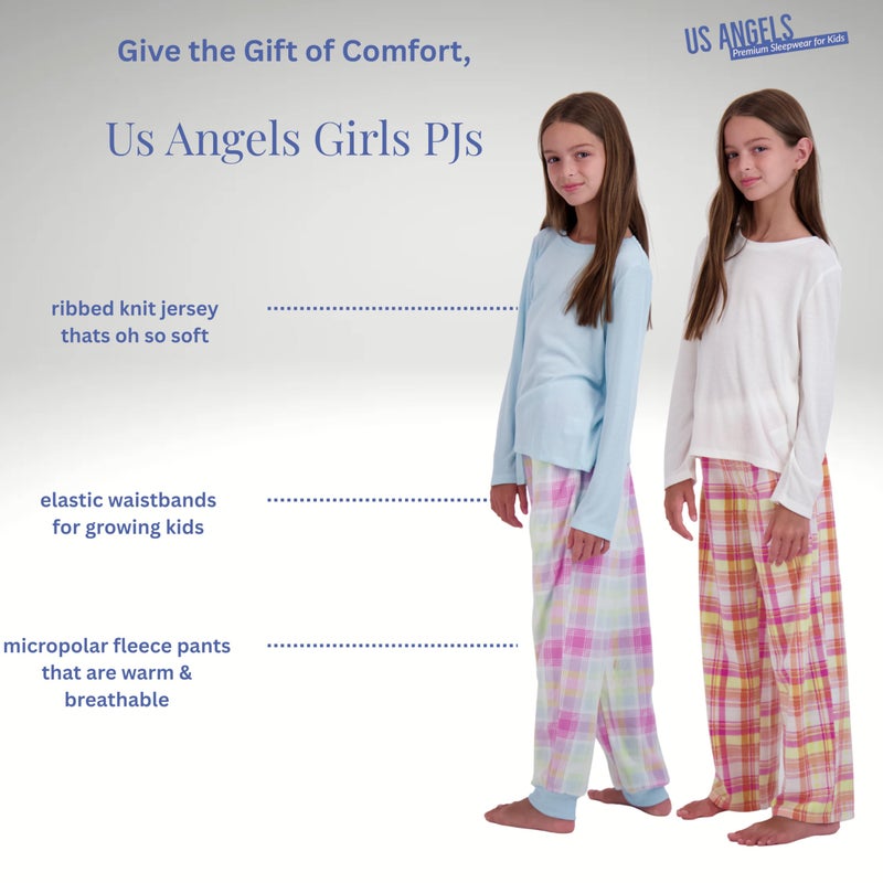 US Angels Girl's Pajama Sets, 4-Piece Pajamas for Girls - Long Sleeve Shirt, Ivory & Blue - Image 3