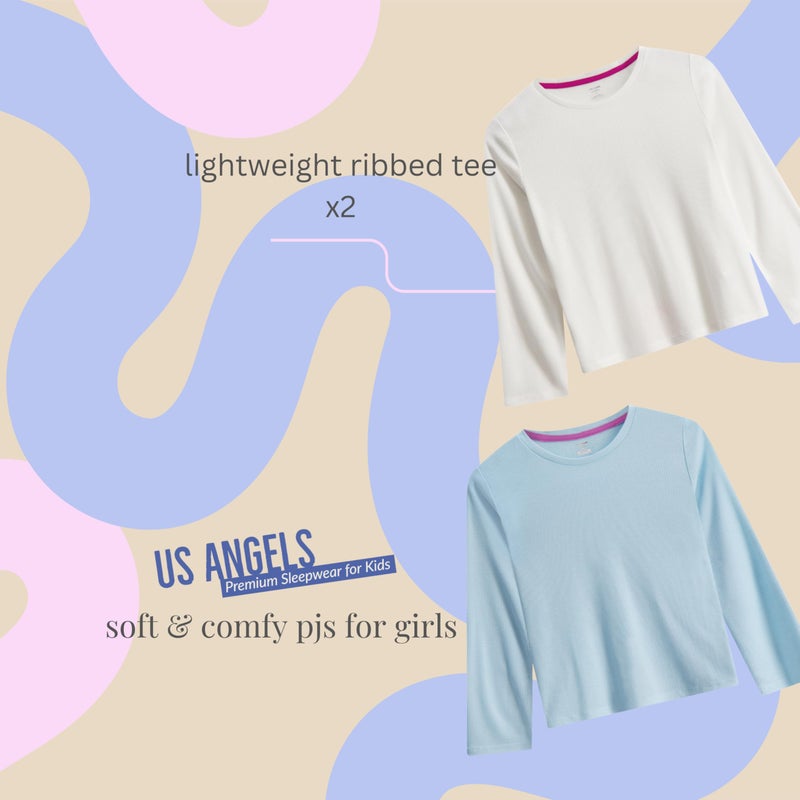 US Angels Girl's Pajama Sets, 4-Piece Pajamas for Girls - Long Sleeve Shirt, Ivory & Blue - Image 5