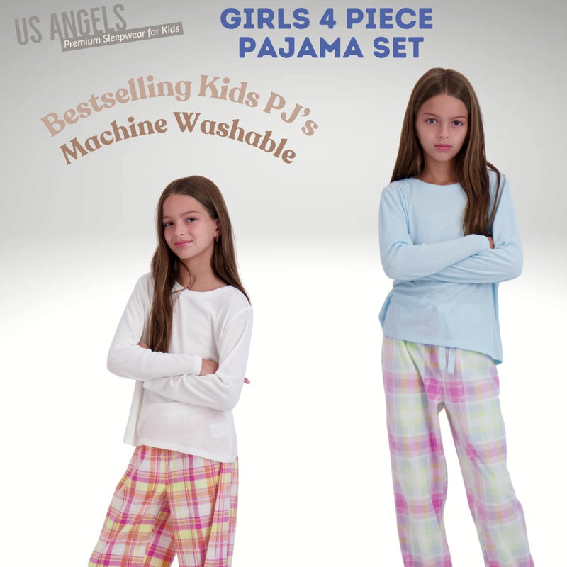 US Angels Girl's Pajama Sets, 4-Piece Pajamas for Girls - Long Sleeve Shirt, Ivory & Blue - Image 2