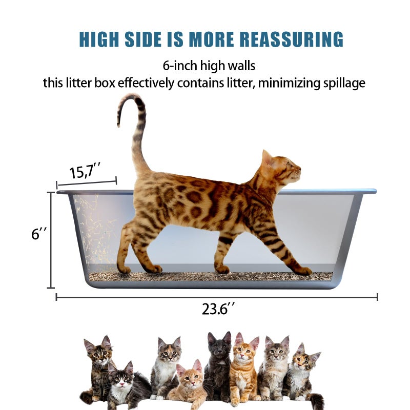Tondid Stainless Steel Cat Litter Box - XL Metal High Sided Cat Pan Tray, Easy to Clean Non Stick Odorless Large Pet Toilet Supplies for Big Cats Kitty Kitten, 23.6 x15.75 x6 Inch, Silver - Image 2