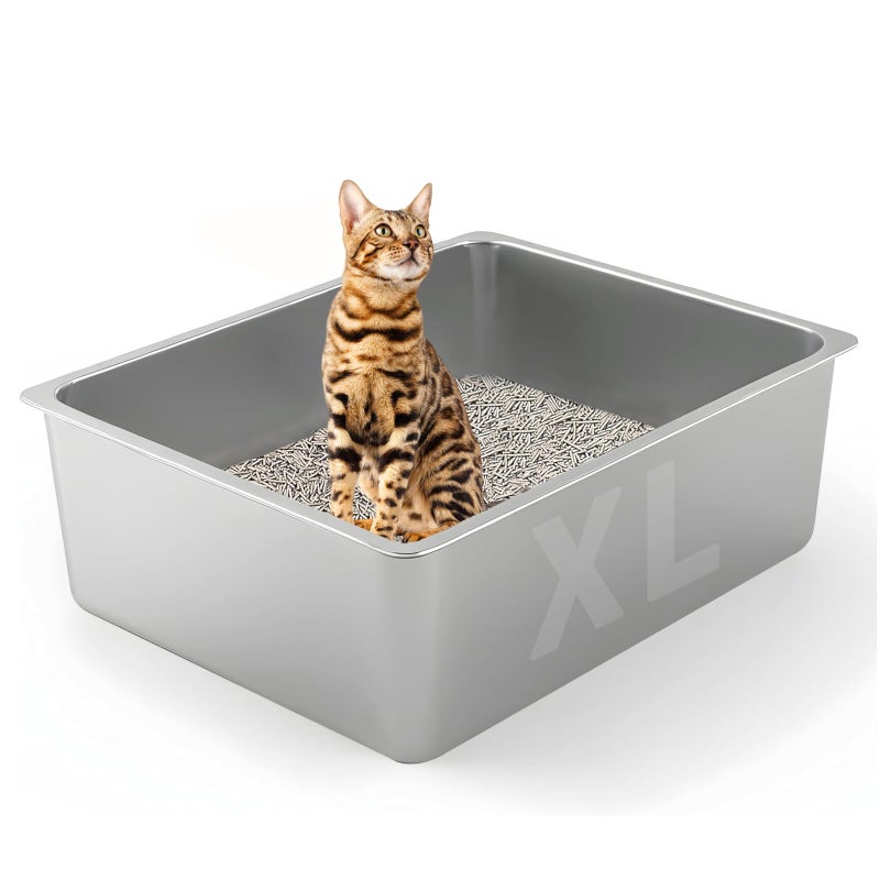 Tondid Stainless Steel Cat Litter Box - XL Metal High Sided Cat Pan Tray, Easy to Clean Non Stick Odorless Large Pet Toilet Supplies for Big Cats Kitty Kitten, 23.6 x15.75 x6 Inch, Silver - Image 1