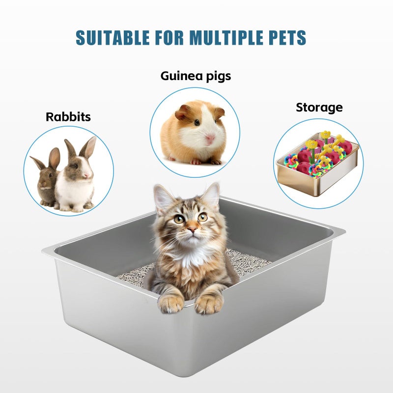 Tondid Stainless Steel Cat Litter Box - XL Metal High Sided Cat Pan Tray, Easy to Clean Non Stick Odorless Large Pet Toilet Supplies for Big Cats Kitty Kitten, 23.6 x15.75 x6 Inch, Silver - Image 5