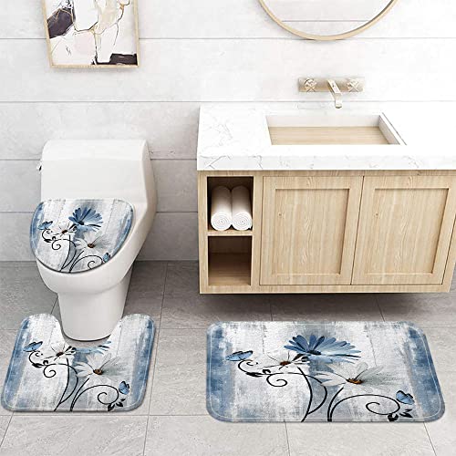VeiVian Rustic Farmhouse Bath Mat Set, Farm Blue Daisy Floral Flowers and Butterfly on Country Wooden Bathroom Mat Set with Non-Slip Bath Rug, Soft Toilet Lid Cover and Contour Mat, Turquoise Blue (Blue-) - Image 1