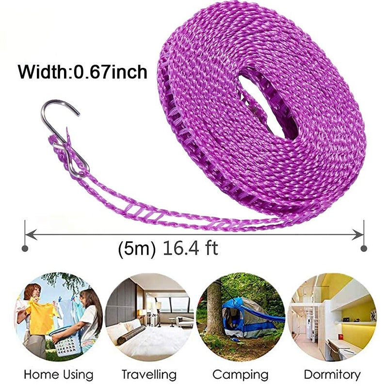 AARSH 5 Meters Windproof AntiSlip Clothes Washing Line Drying Nylon Rope with Hooks 5 Meter Nylon Clothesline Rope Color May Vary1 - Image 5