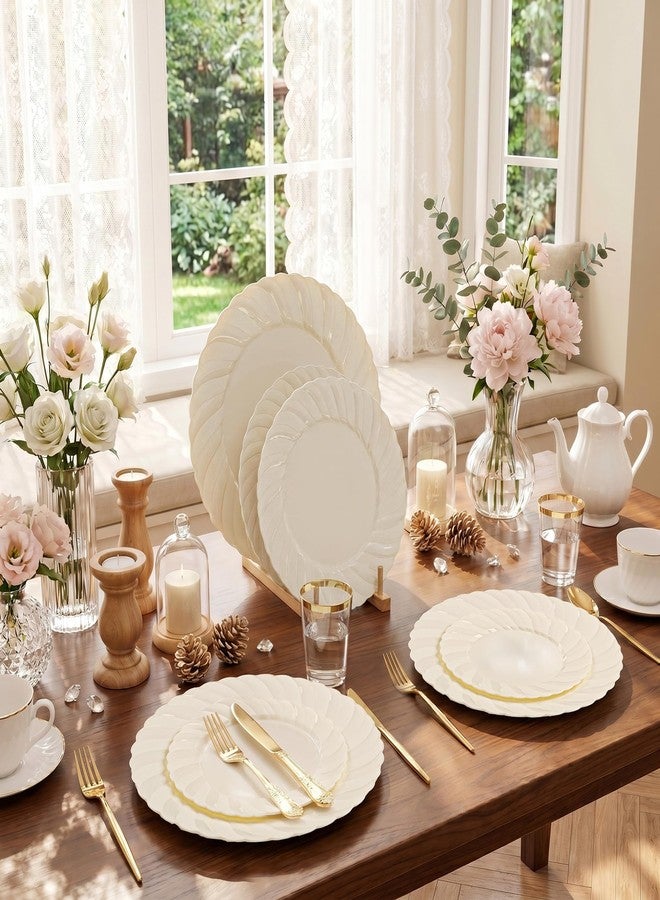 U-QE 60PCS Ivory Plastic Plates for Party - Scalloped Disposable Plates Heavy Duty & Elegant - Include 30 10.25" Dinner & 30 7.25" Dessert Plate - Perfect for Party & Wedding - Image 5