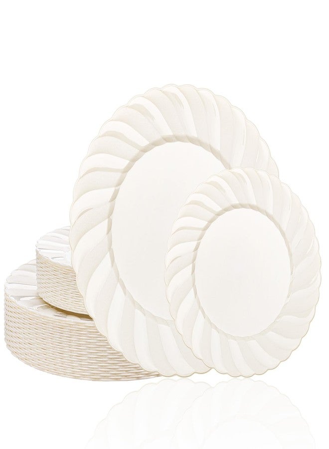 U-QE 60PCS Ivory Plastic Plates for Party - Scalloped Disposable Plates Heavy Duty & Elegant - Include 30 10.25" Dinner & 30 7.25" Dessert Plate - Perfect for Party & Wedding - Image 1