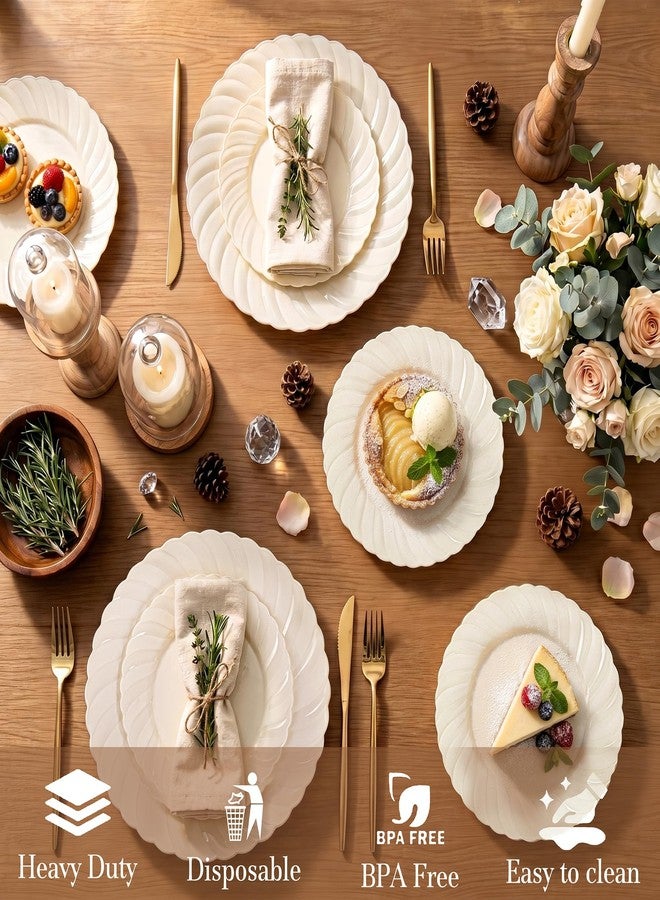 U-QE 60PCS Ivory Plastic Plates for Party - Scalloped Disposable Plates Heavy Duty & Elegant - Include 30 10.25" Dinner & 30 7.25" Dessert Plate - Perfect for Party & Wedding - Image 3