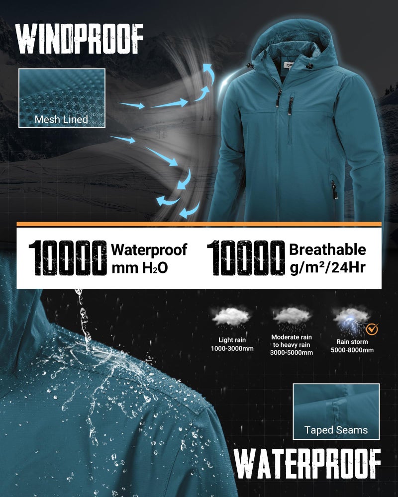 33,000ft Men's Packable Rain Jacket Lightweight Rain Shell Jacket with Hood Waterproof Raincoat for Cycling - Image 2