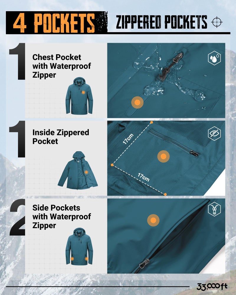 33,000ft Men's Packable Rain Jacket Lightweight Rain Shell Jacket with Hood Waterproof Raincoat for Cycling - Image 3