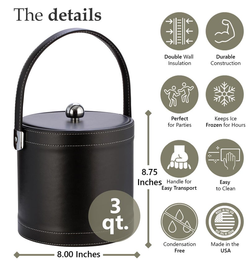 Kraftware Ice Bucket with Stitched Handle, Fabric Lid and Chrome Astro Ball Knob, Black - 3 Quart - Image 4