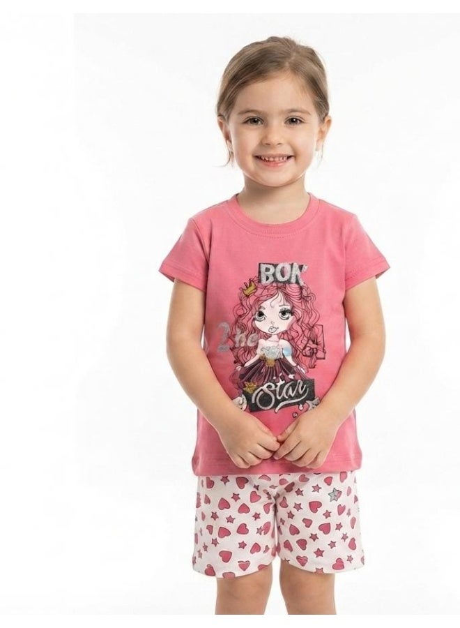 Girls' Summer Pajama Set with Zircon Print, Pink/White, Age 1 Year
