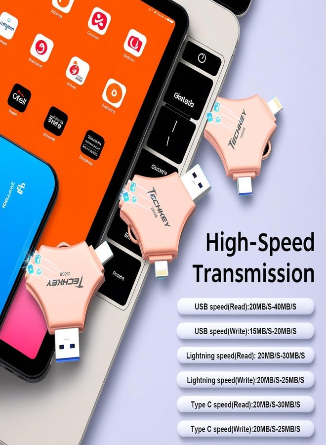 TECHKEY USB 3.0 Flash Drive for iPhone 256GB: MFi Certified 3in1 External Memory Photo Keeper Storage Stick for Picture/Video/Data Saver/Backup High Speed Thumb/Jump/Hard Drive for iPad/Android/PC -Rose Gold - Image 3