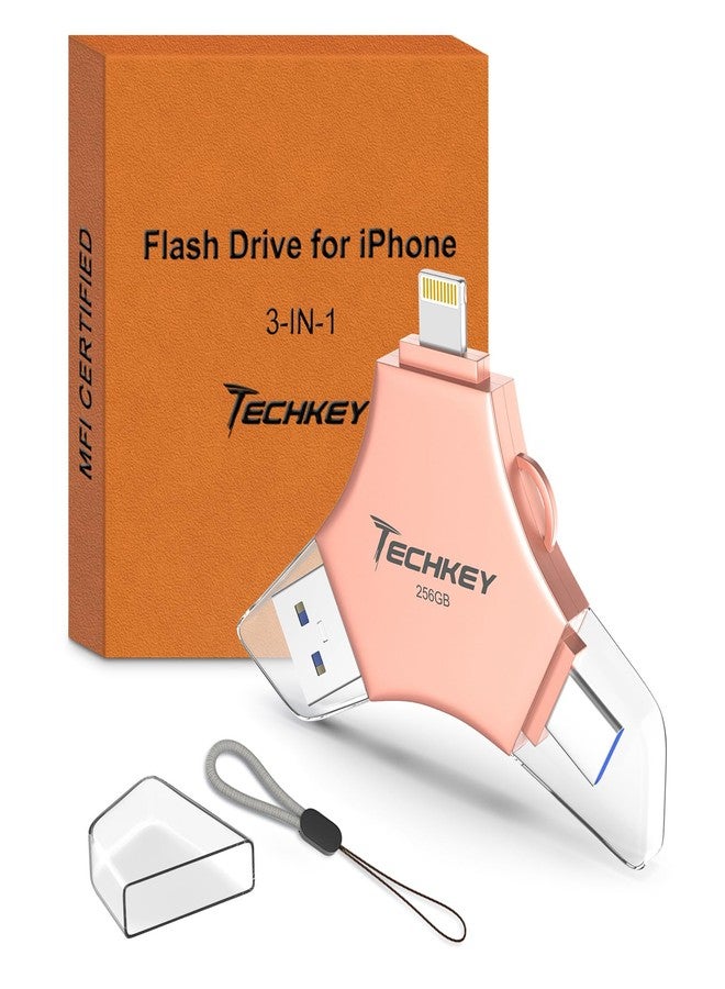 TECHKEY USB 3.0 Flash Drive for iPhone 256GB: MFi Certified 3in1 External Memory Photo Keeper Storage Stick for Picture/Video/Data Saver/Backup High Speed Thumb/Jump/Hard Drive for iPad/Android/PC -Rose Gold - Image 1