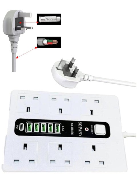 Power Strips Extension Cord,6 Sockets Universal Plug Adapter with 5Meter Bold Extension Cable With 5USB Ports And 1PD Type-C Power Extension Board, Extension Cable, Extension Socket For Home ,Office ,Kitchen ,Travel And More ((5Meter))