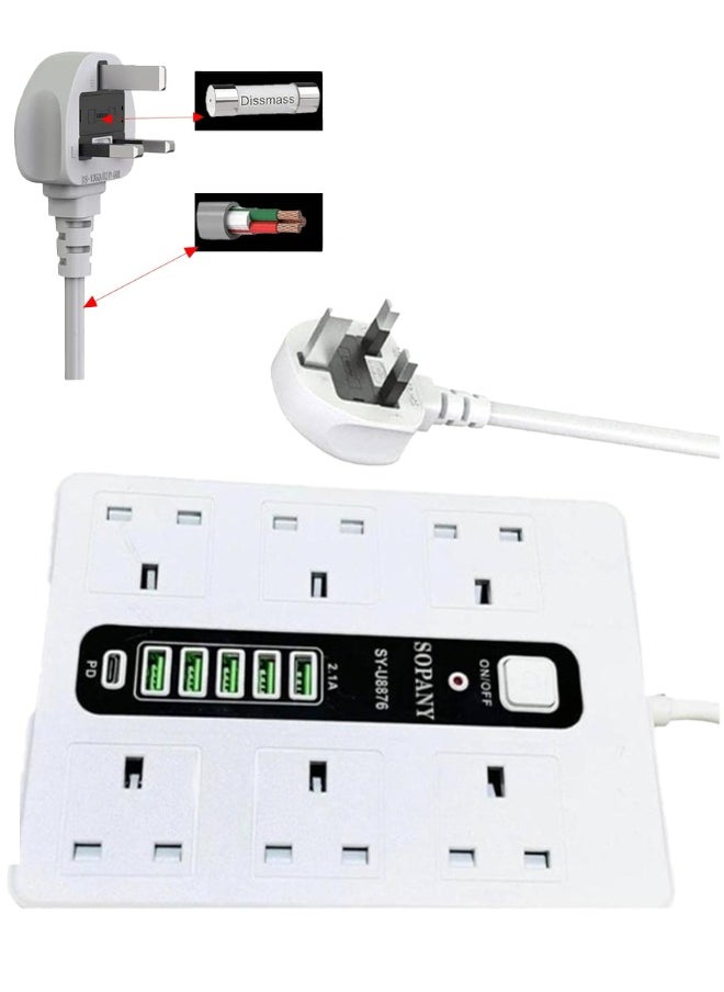 SOPANY - Power Strips Extension Cord,6 Sockets Universal Plug Adapter with 5Meter Bold Extension Cable With 5USB Ports And 1PD Type-C Power Extension Board, Extension Cable, Extension Socket For Home ,Office ,Kitchen ,Travel And More ((5Meter)) - Image 1