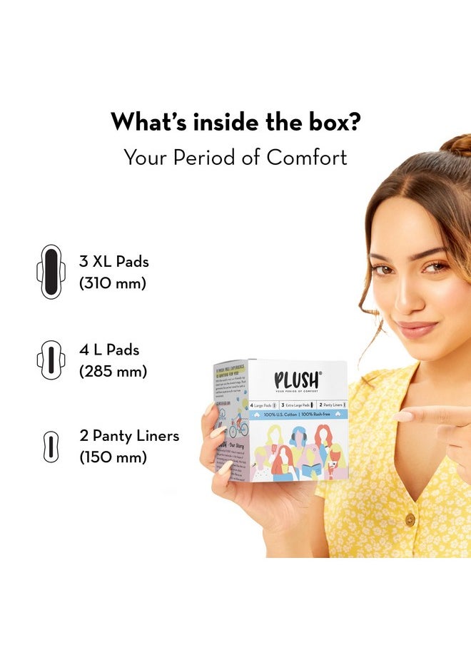 Plush Ultra-Thin Sanitary Pads For Women, 7 Cotton Sanitary Napkins- Pack Of 4 | 3 Medium Flow Xl + 4 Light Flow L + 2 Panty Liners For Rash Free Periods | Pure U.S. Cotton Pads  - Image 2