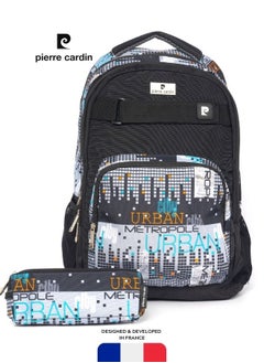 pierre cardin 2pcs Set Kids School Backpack with Pencil Case(36x49x20CM) Black Urban City Design  - Image 1