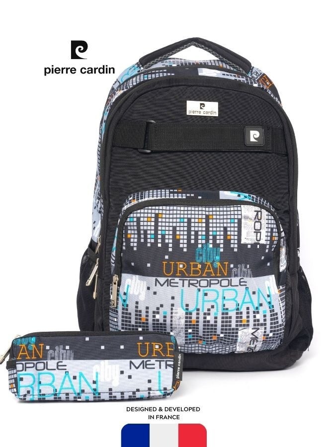pierre cardin 2pcs Set Kids School Backpack with Pencil Case(36x49x20CM) Black Urban City Design  - Image 1